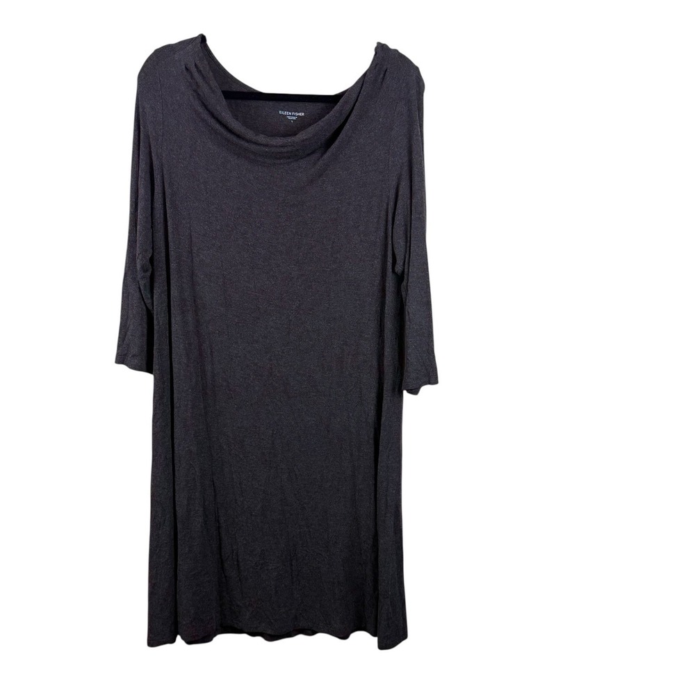 Eileen Fisher Cowl Neck Stretchy Dress Sz L 3/4 sleeves minimalist career Heathe